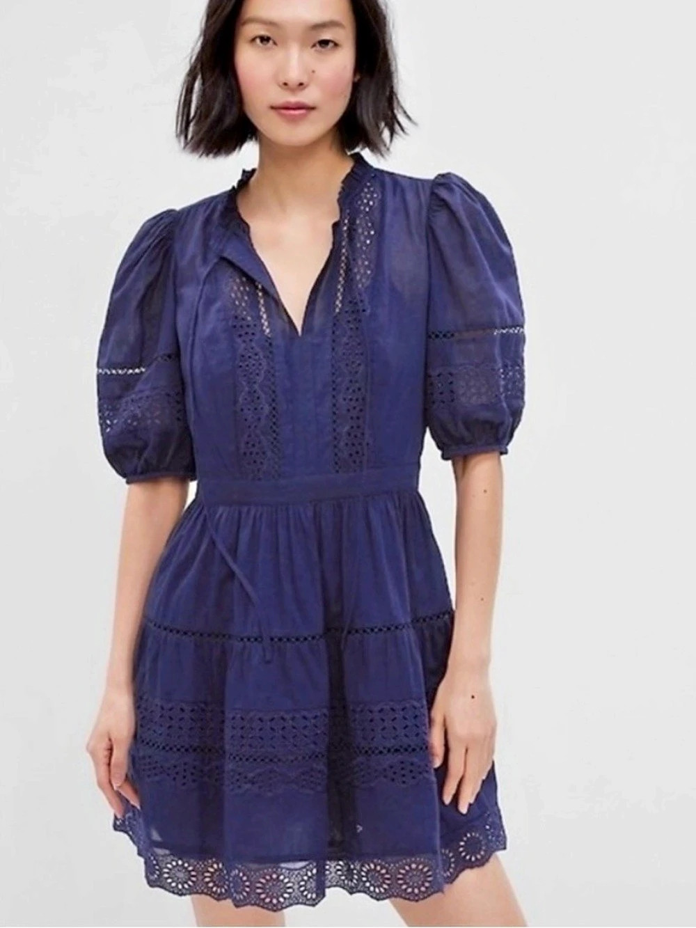 NWT Gap 100% Cotton Navy Puff Sleeve Lace Tiered Mini Dress L Tall